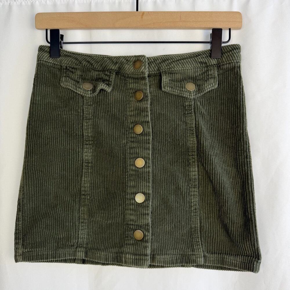 Wide Wale Corduroy Micro Mini Skirt Loden Green Size 3 Snap Up Academia Preppy